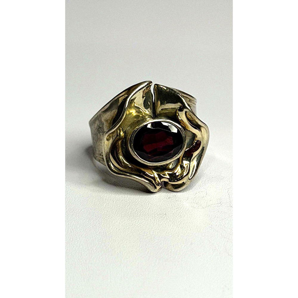Vintage 925 Sterling Silver & 14K Yellow Gold Part Garnet Ring Size 8